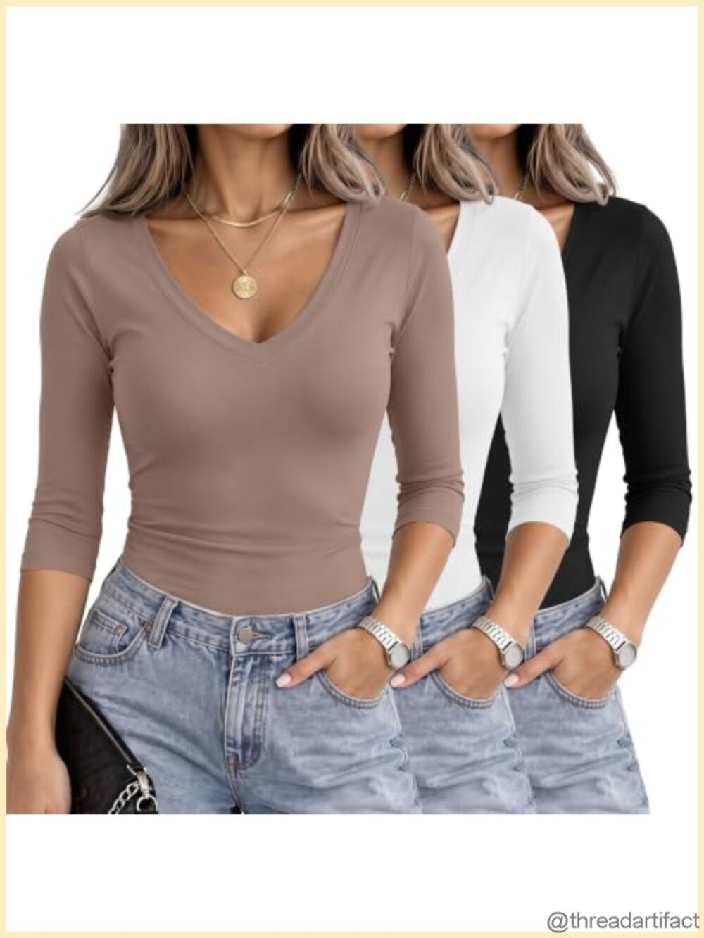 3 Pack Women's 3/4 Sleeve V-Neck T-Shirts Cotton Blend Slim Fit